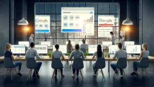 A team of digital marketing professionals working on PPC campaigns, analysing data on multiple screens with Google Ads interfaces visible, representing certified Google Advertising Agencies UK.