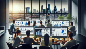 Google Ads Campaign Optimisation in the UK: A digital marketing team in a modern office, focusing on demographic targeting with multiple screens displaying demographic data and London skyline in the background.