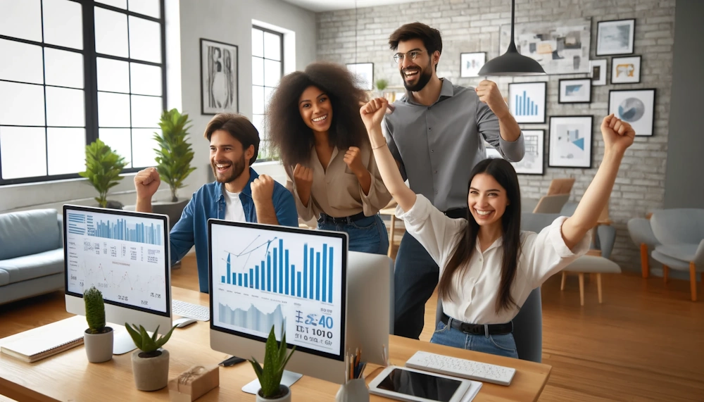 A contemporary office scene showing a young, diverse group of eCommerce professionals celebrating a successful analysis of AOV and LTV metrics