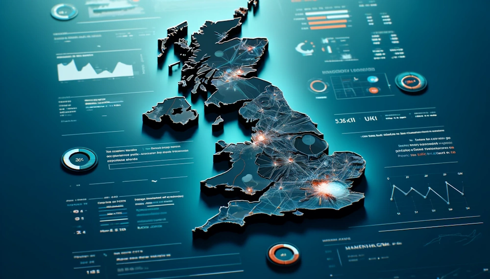 A detailed map visualization highlighting the major eCommerce markets in the UK, focusing on regions with high Magento usage