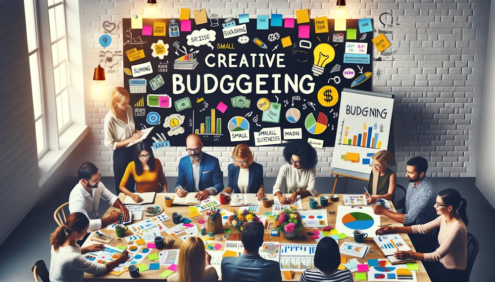 A lively brainstorming session at a small business, showcasing creative budgeting strategies. The scene includes a diverse group of entrepreneurs