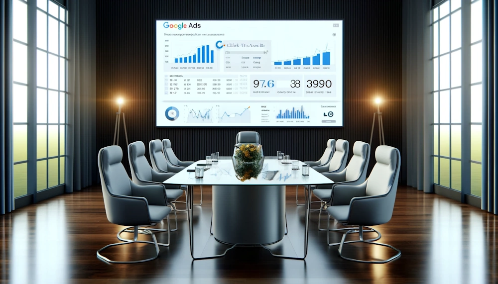 A modern conference room with a large screen displaying Google Ads analytics in detail. The focus is on the screen showing various performance metrics