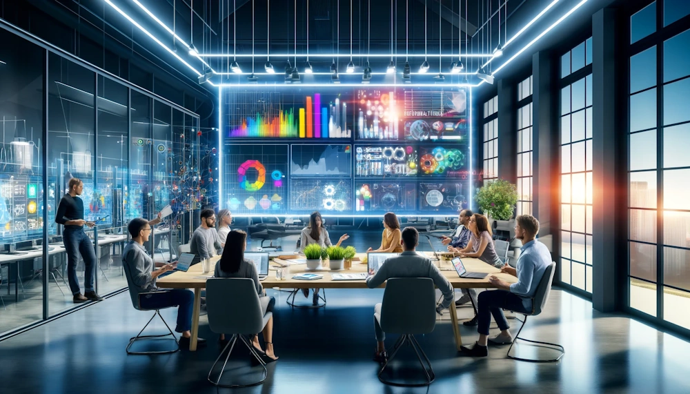 A modern digital marketing office, filled with diverse professionals strategizing around a large screen displaying colourful graphs and data analytics