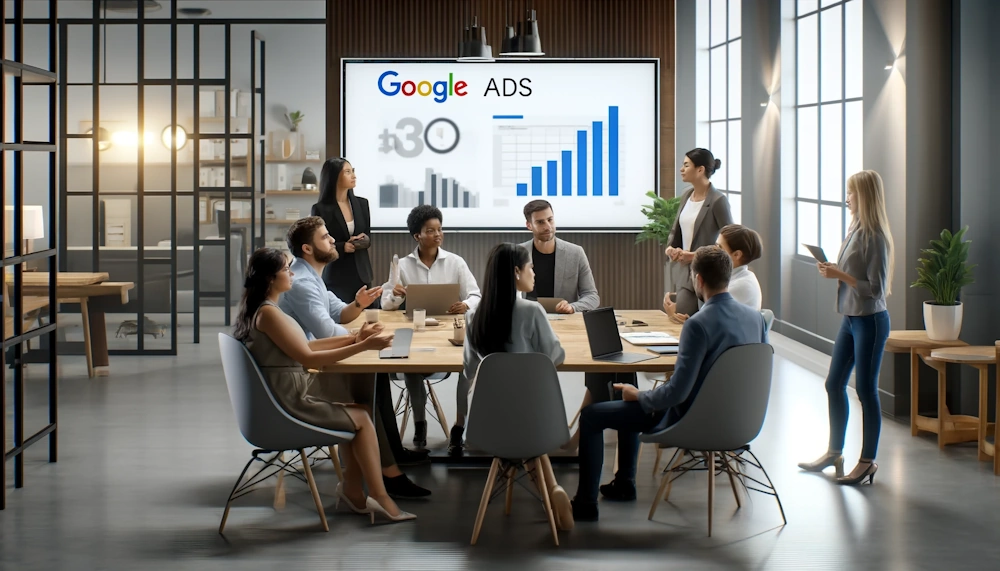 A modern office setting with diverse team members discussing strategies around a large digital display showing Google Ads metrics