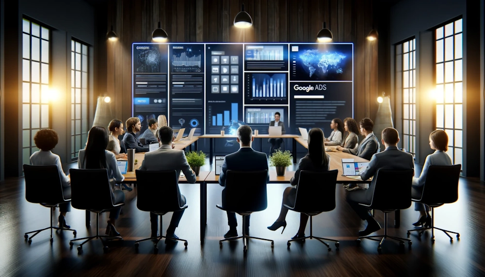 A professional setting showing a diverse team of marketing experts analyzing data on multiple digital screens. The room is well-lit, with modern decor