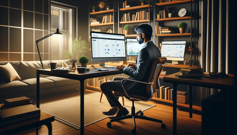 A sophisticated home office setup showing a single professional working intently on Google Ads management on a computer