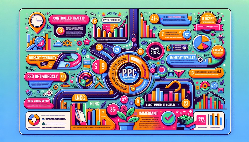 A vibrant and colourful infographic illustrating the benefits of PPC advertising during SEO algorithm updates
