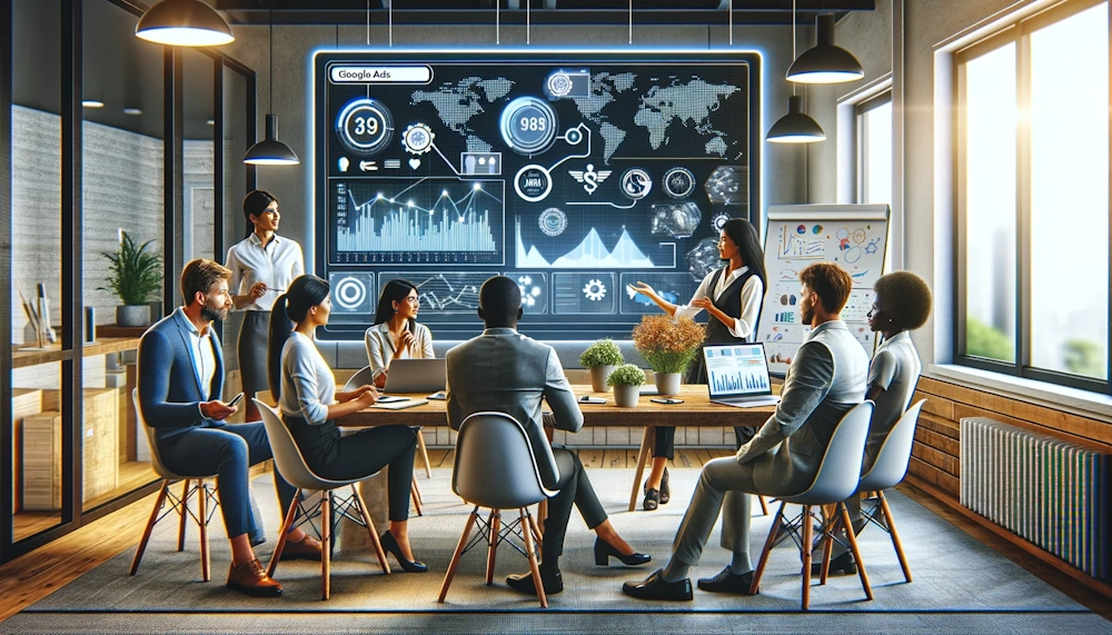 An engaging digital office setting showing a team of diverse professionals discussing around a computer screen with visible graphs and Google Ads data