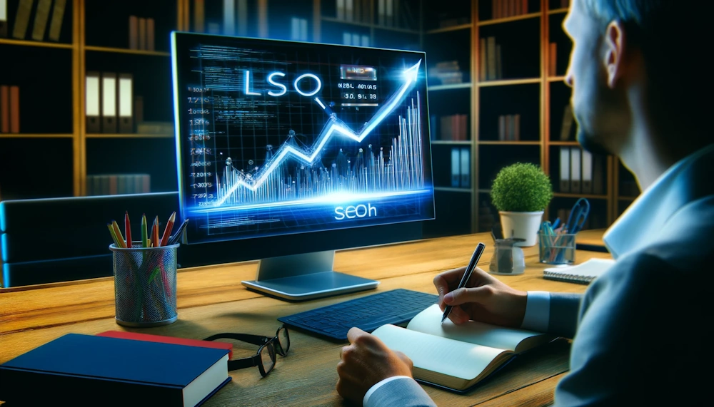 An image depicting a digital marketing expert analyzing a fluctuating graph on a computer screen, symbolizing the volatility in SEO rankings