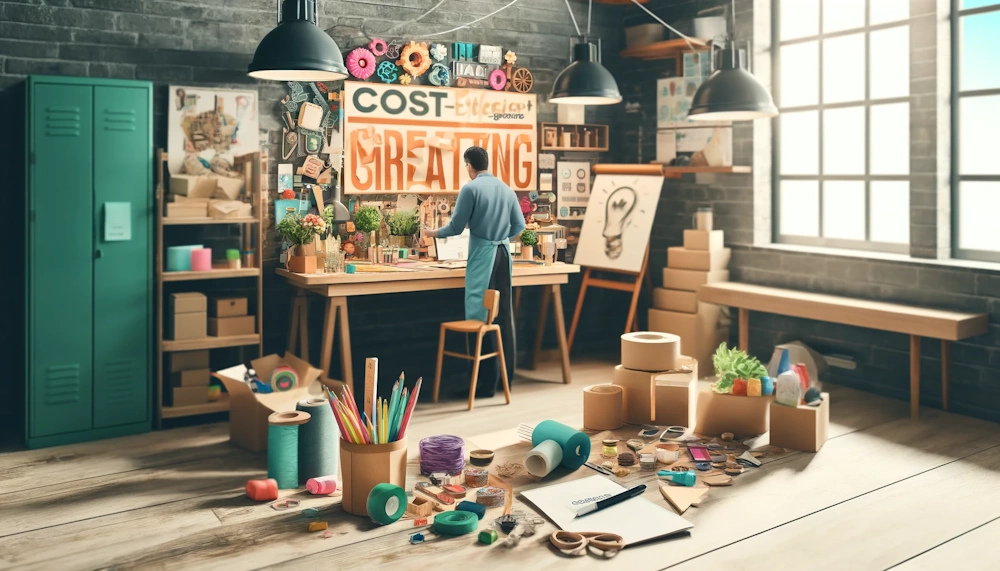 An image depicting a small business owner utilizing cost-effective, creative promotional materials. The scene shows a vibrant, engaging workshop space