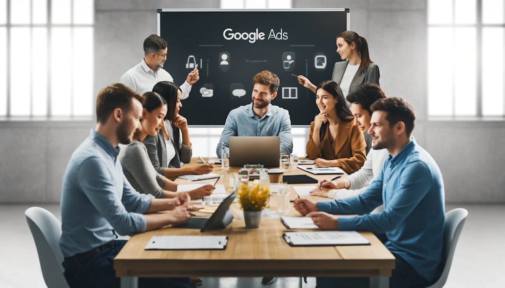 An image of a business meeting focused on Google Ads strategies, with a team of marketing professionals brainstorming ideas