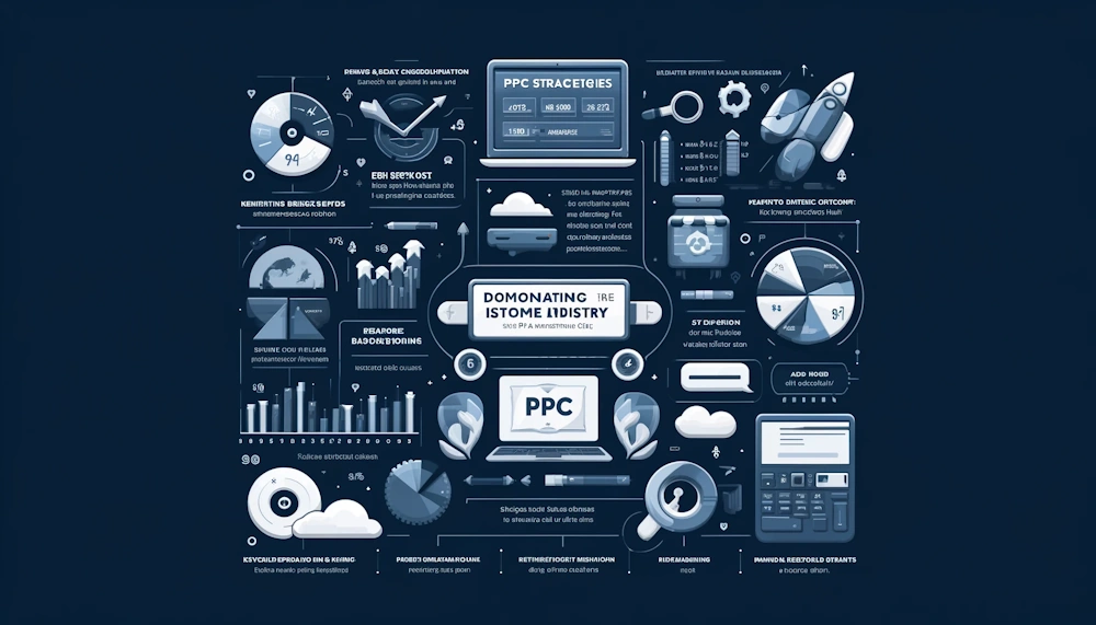 An infographic illustrating key strategies for PPC success in the UK's Magento eCommerce sector. Include visual elements like graphs, pie charts