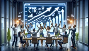 Digital marketing team celebrates success with high-fives in an office with displays showing rising Click-Through Rate graphs 