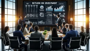 Marketing professionals discuss ROI metrics on a large screen in a modern corporate boardroom