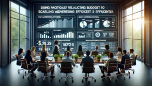 Marketing team analyzes advertising data on large screens in a corporate boardroom to optimize budget allocation