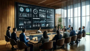 Diverse group of professionals analyzing Key Performance Indicators on a large display in a modern boardroom
