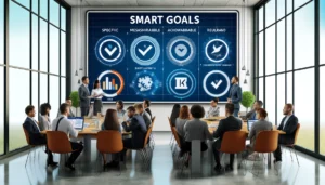 Diverse team of professionals in a workshop discussing SMART goals displayed on a digital whiteboard in a modern office
