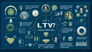 A professional infographic explaining Customer Lifetime Value (LTV) with a blue and green color scheme, featuring icons representing customer relationships, revenue growth, and strategic decision-making.