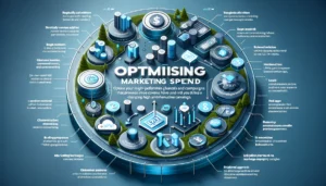 A professional infographic titled Optimising Marketing Spend, highlighting strategies to maximise Customer Lifetime Value (LTV) by focusing on high-performing marketing channels and campaigns, with a blue and green color scheme.