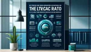 A professional infographic explaining the importance of focusing on the LTV:CAC ratio, featuring a blue and green color scheme and icons representing cash flow, customer acquisition costs (CAC), and long-term revenue. 
