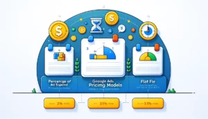 An infographic illustrating three primary Google Ads pricing models: Percentage of Ad Spend, Google Ads Pricing Models, and Flat Fee. Each model is depicted with vibrant, colorful icons and graphics, including charts, clocks, and coins, to visually represent different pricing structures.
