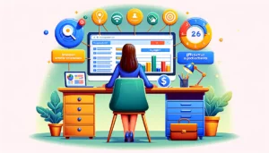 A businessperson sitting at a desk with a computer displaying Google Ads metrics. Surrounding the desk are icons representing different objectives like brand awareness, lead generation, and sales, all connected to a central budget chart. The scene is vibrant and professional, illustrating the importance of clear objectives in budget management.