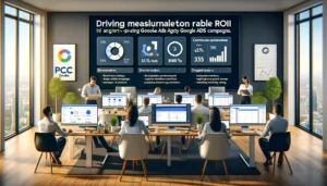 A modern office setting with a team of digital marketers working on computers displaying Google Ads dashboards and analytics. The scene highlights advanced analytics, continuous optimization, and high-performing keywords and ad placements, emphasizing the agency's expertise and professionalism.