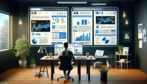 A digital marketer in a modern office analyzing two versions of an ad displayed side by side on computer screens, with graphs and metrics comparing their performance. The scene highlights different headlines and calls to action, emphasizing data-driven decisions in optimizing ad effectiveness.