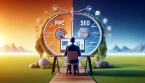 A digital marketer working on a computer displaying PPC and SEO metrics, with a split screen showing PPC on one side with ads, immediate results, and precise targeting, and SEO on the other side with organic traffic, content, and long-term results. The image conveys the harmony and complementary nature of PPC and SEO strategies.