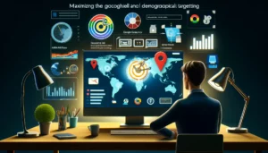 A digital marketer at a desk with a computer screen displaying Google Ads and Google Analytics dashboards. The screen shows maps, demographic charts, and targeting options. The scene emphasizes the relevance, engagement, and enhanced campaign performance and ROI through targeted advertising.