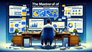 A digital marketer working at a desk with multiple computer screens displaying Google Ads dashboards, A/B testing results, and demographic targeting options. The visuals include charts, graphs, and analytics data, illustrating PPC basics, advanced strategies, and regular testing.