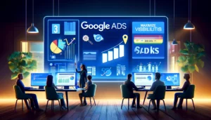 A digital marketer collaborating with a Google Ads agency team in a modern office, surrounded by display screens showing Google Ads dashboards and campaign results. Visual elements include charts, graphs, and icons representing brand awareness, sales increase, and competitive advantage.