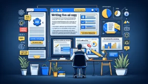 A digital marketer working at a desk with a computer displaying ad copy drafts and A/B testing results. The image includes examples of compelling and clear ad copy, highlighted text, and performance metrics like click-through rates.