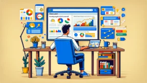 A digital marketer working confidently at a desk with a computer displaying Google Ads dashboards and metrics. The scene includes educational resources, best practices, and charts showing campaign performance, highlighting the DIY approach to mastering Google Ads.