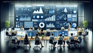 A team of digital marketers in a modern office setting, collaborating and analyzing data on multiple computer screens displaying PPC campaign metrics, trends, and algorithm updates. The scene includes charts, graphs, and keywords.