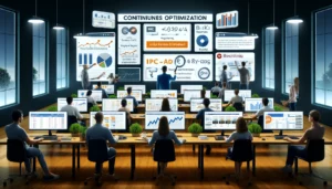 A team of digital marketers in a modern office, actively monitoring and tweaking ads on multiple computer screens displaying PPC campaign metrics, A/B testing results, keyword adjustments, and ad placement refinements. The scene includes graphs, charts, and performance indicators.