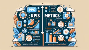Infographic explaining the distinction between PPC KPIs and metrics. The image is divided into two sections, one labeled 'KPIs' showing ultimate objectives like increasing qualified leads, achieving sales targets, and enhancing brand awareness, and the other labeled 'Metrics' showing specific data points such as conversion rate, number of new users, click-through rate, and cost per click. The design is professional and clean with a digital marketing theme. 