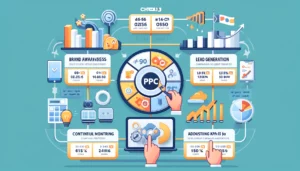 Infographic illustrating the process of choosing the right PPC KPIs for campaign goals. It features sections for different objectives such as brand awareness, lead generation, and sales, each with relevant KPIs and metrics. The image includes icons representing continuous monitoring, adjusting KPIs, and market conditions. The design is professional and clean with a digital marketing theme, emphasizing the importance of aligning KPIs with specific campaign goals and ongoing optimization. 