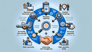 Infographic illustrating the process and benefits of identifying and targeting high-intent keywords for driving conversions. Includes sections for keyword research, precision targeting, increasing click-through rates, and enhancing lead quality. Icons such as a magnifying glass for keyword research, a target for precision targeting, an arrow for increasing click-through rates, and a handshake for high-quality leads are included. The design is clean and professional with a digital marketing theme.