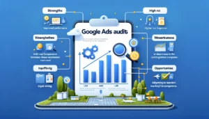 Infographic illustrating the importance of conducting regular Google Ads audits for optimal campaign performance. Features sections on identifying strengths, weaknesses, and opportunities within campaigns. Includes icons representing improved performance, higher ROI, and adapting to market trends. The design is clean and professional with a digital marketing theme, highlighting the competitive nature of the UK market.