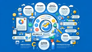 Infographic summarizing the benefits of conducting regular Google Ads audits for maximizing ROI in the UK market. Features sections on examining keywords, ad copy, landing pages, and bidding strategies. Includes icons representing strengths, areas for improvement, reaching the right audience, and performing at their best. The design is clean and professional with a digital marketing theme, emphasizing the comprehensive approach to identifying new opportunities, enhancing ad performance, and achieving exceptional results.