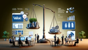 A concept image illustrating the evaluation of costs for hiring an agency for Google Ads management, showing a balance scale weighing cost versus value, marketing experts analyzing data, charts of campaign optimization, and detailed reports in a professional office setting.