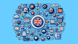 An illustration of omnichannel marketing for UK brands, featuring various digital marketing channels like social media, email, search engines, and online reviews, with a central UK brand logo and interconnected icons representing a cohesive customer journey.