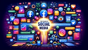 An illustration of the power of social media ads, featuring icons and logos of platforms like Facebook, Instagram, and LinkedIn. The image showcases various ad formats, advanced targeting options, and elements representing demographic, interest, and behavior-based targeting in a dynamic and vibrant design.