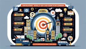  Infographic titled "Navigating Google Ads Agencies in London" illustrating how to identify business needs and evaluate agency expertise. Features sections on assessing business goals, advertising objectives (brand awareness, lead generation, sales), and evaluating agency expertise with a focus on portfolio and industry-specific knowledge. Includes icons such as a target for goals, a magnifying glass for evaluating expertise, and a briefcase for portfolio.