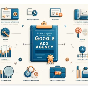 Infographic titled "Key Factors to Consider When Choosing a Google Ads Agency" with sections on Certification and Qualifications, Results and Case Studies, and Service Range and Specialisation. Icons include a certificate for certifications, a graph for results, a portfolio for case studies, and a toolkit for service range and specialisation.
