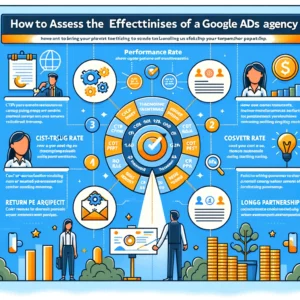  Infographic titled "How to Assess the Effectiveness of a Google Ads Agency" with sections on Performance Metrics to Monitor, Client Testimonials and Feedback, and Long-term Partnership Potential. Includes icons representing click-through rate (CTR), conversion rate, cost per acquisition (CPA), return on ad spend (ROAS), client testimonials, and long-term partnership.