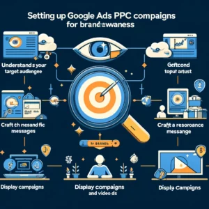 Infographic titled "Setting Up Google Ads PPC Campaigns for Brand Awareness" with sections on understanding target audience, crafting resonant messages, and using display campaigns and video ads. Icons represent target audience, messaging, display campaigns, and video ads. The design is clean and professional with a digital marketing theme.