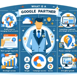 Infographic titled "What is a Google Partner?" with sections on expertise in managing Google Ads accounts, meeting Google's specific requirements, maximizing campaign success, and driving client growth. Icons represent proficiency, trustworthiness, campaign success, and client growth. The design is clean and professional with a digital marketing theme.