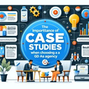 Infographic titled "The Importance of Case Studies When Choosing a Google Ads Agency" with sections on relevance to industry and objectives, challenges faced, strategies implemented, and results achieved. Icons represent case studies, industry relevance, strategic planning, and successful results. The design is clean and professional with a digital marketing theme.